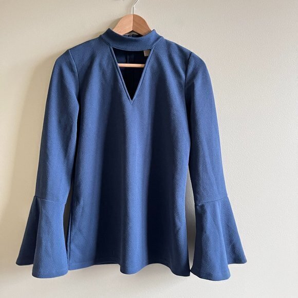 MICHAEL MICHAEL KORS FRONT CUTOUT V NECK BELL SLEEVE BLOUSE BLUE WOMENS SIZE S - Picture 1 of 6
